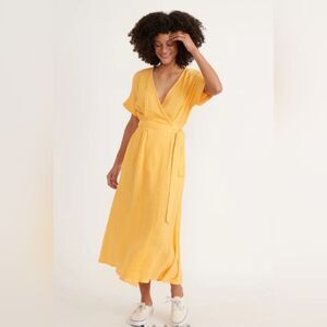 Marine Layer Valencia Wrap Dress Womens Large Golden Yellow Crinkle Lagenlook